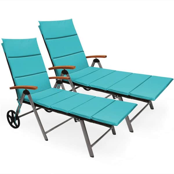 Gymax 2-Pieces Folding Patio Rattan Lounge Chair with Turquoise Cushioned Aluminum Adjust Wheel