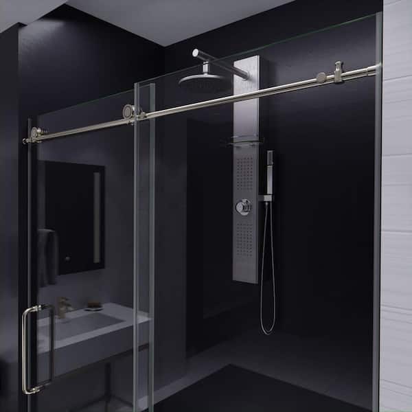 Madam Series 60 in. x 76 in. H Sliding Frameless Shower Door in Brushed Nickel with Tsunami Guard Tempered Glass
