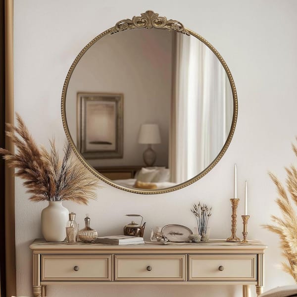 バロックスタイル 金色 木製 大きな鏡 Sxiawe 30 in. W x 32 in. H Baroque Style Round Antique Gold