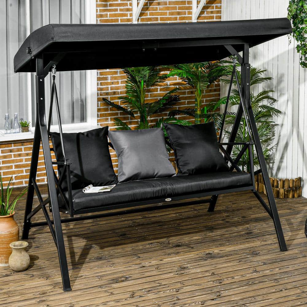 3-Person Metal Outdoor Patio Swing with Black Cushion, 3-Throw Pillows and 