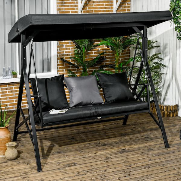 Unbranded 3-Person Metal Outdoor Patio Swing with Black Cushion, 3-Throw Pillows and Adjustable Canopy