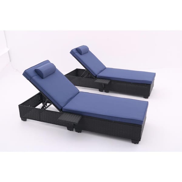 Sudzendf Black Wicker Outdoor Chaise Lounge Recliner with Elegant Reclining Adjustable Backrest and Blue Cushions (Set of 2)