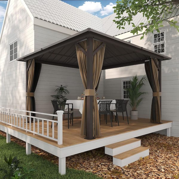 12 ft. x 12 ft. Aluminum Hardtop Gazebo with Double Galvanized Steel Roof, Netting and Curtains for Patio and Backyard