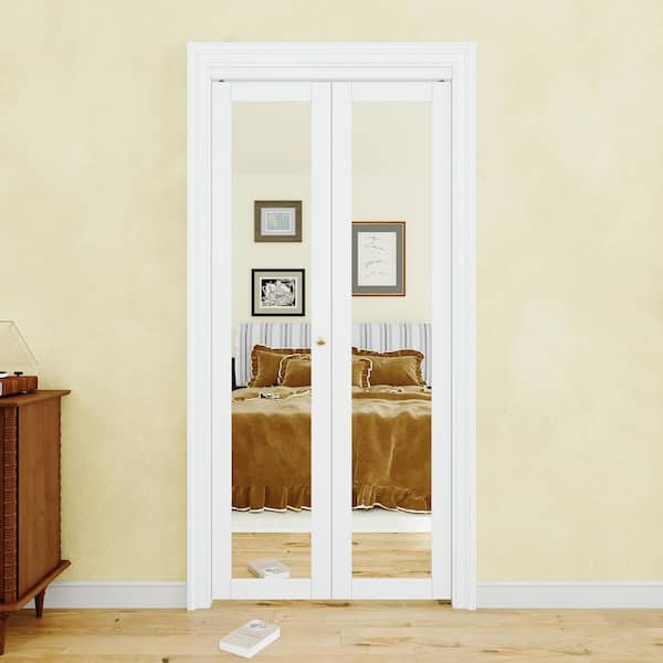 ARK DESIGN 36 in. x 80 in. 1-Lite Mirror and MDF White Solid Core Prefinishied Closet Bifold Door with Hardware Kit