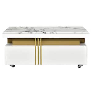 39.3 in. White Rectangle MDF Coffee Table With 2-Drawers And Gold Metal Bar Decoration