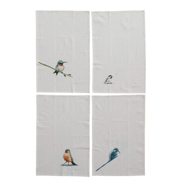 Storied Home Multicolor Whites Bird Printed Avian Cotton and Linen Kitchen Towel (Set of 4)