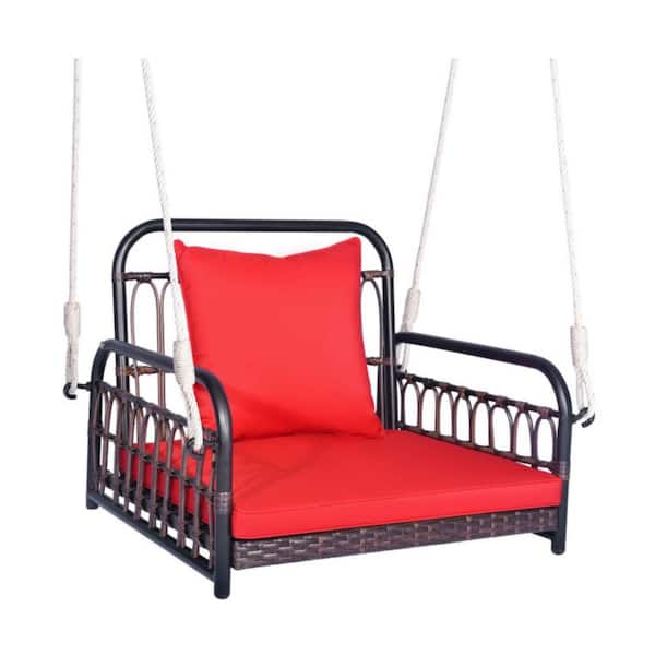Kadehome 1-Person Patio Rattan Porch Swing Hanging Chair with Red Seat Cushion