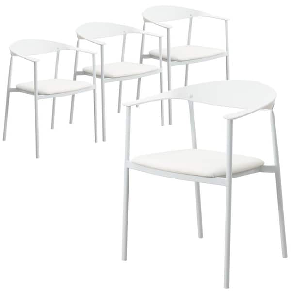 Leisuremod Kora Dining Chair Upholstered in Leather with Stainless Steel Frame and Legs Set of 4 in White