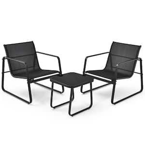 3-Piece Glass Patio Bistro Furniture Set Top Table Garden Deck Black