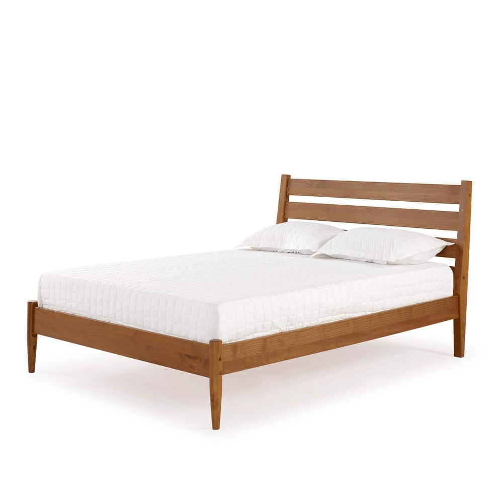 Castanho Brown Mid-Century Modern Queen Platform Bed with Slatted Headboard