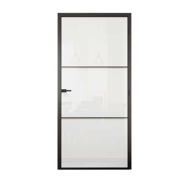 36 in. x 80 in. 3-Lite Frosted Glass Left Black Finished Aluminun Interior Door Slab Plus Free Aluminun Jamb and Lockset