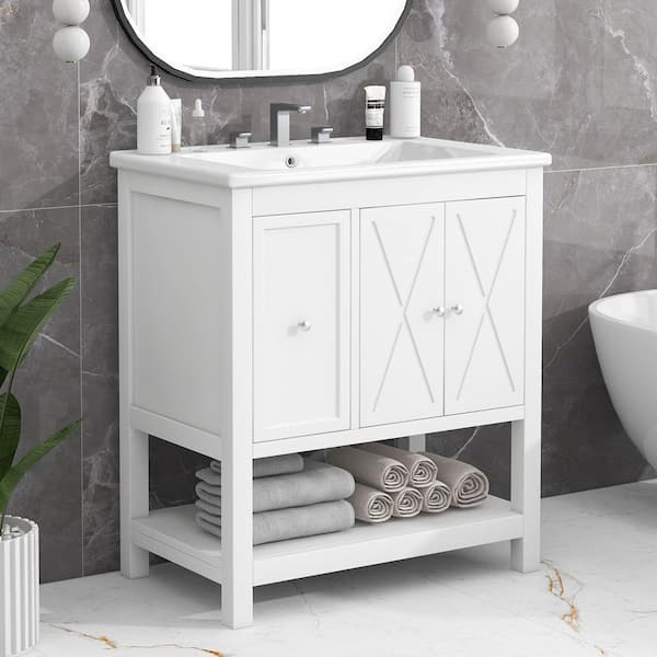 EPOWP 30 in. W x 18.3 in. D x 33.9 in. H Freestanding Bath Storage Vanity in White with White Ceramic Top Single Basin Sink