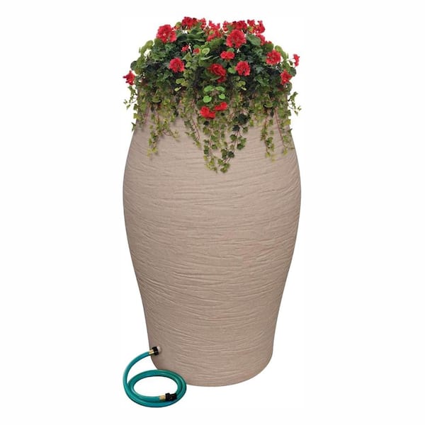 RESCUE 50 Gal. Sandstone Water Urn Flat-Back Rain Barrel with Integrated Planter and Diverter Kit