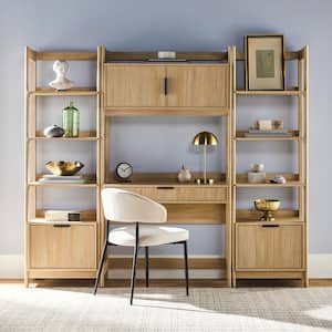 3-Piece Transitional Coastal Oak Reeded 38 in. Hutch Desk with 2-Narrow Modern Bookcases
