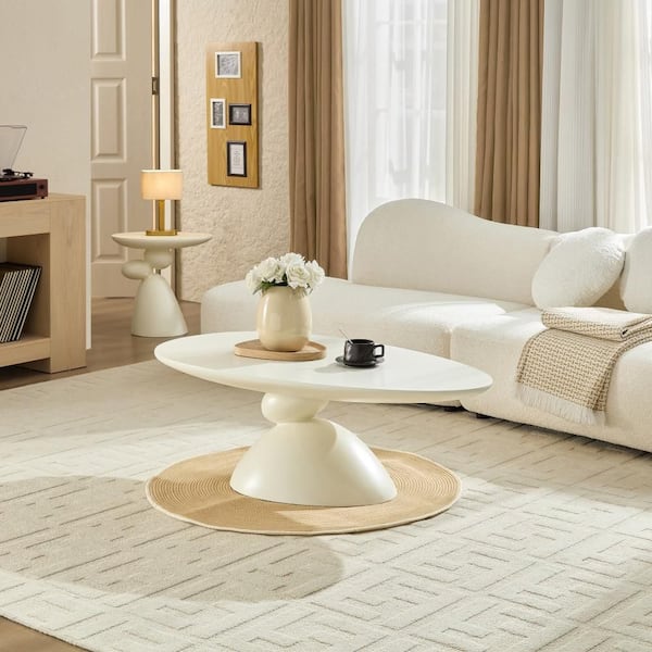 47.27 in. White Oval Cloud Shaped Fiberglass Coffee Table with Sculptural Base Tea Table