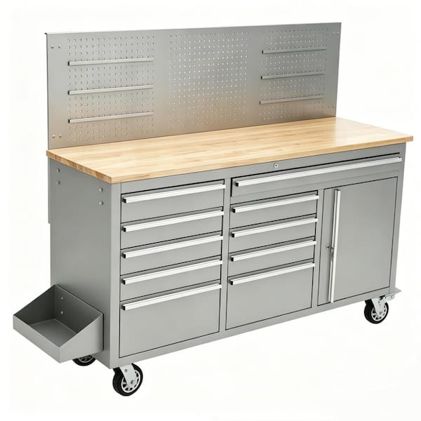 61-inch Rolling Tool Chest, 10 Drawers Garage Workbench Storage Tool Cabinet with Power Strip, 1675Lbs Capacity