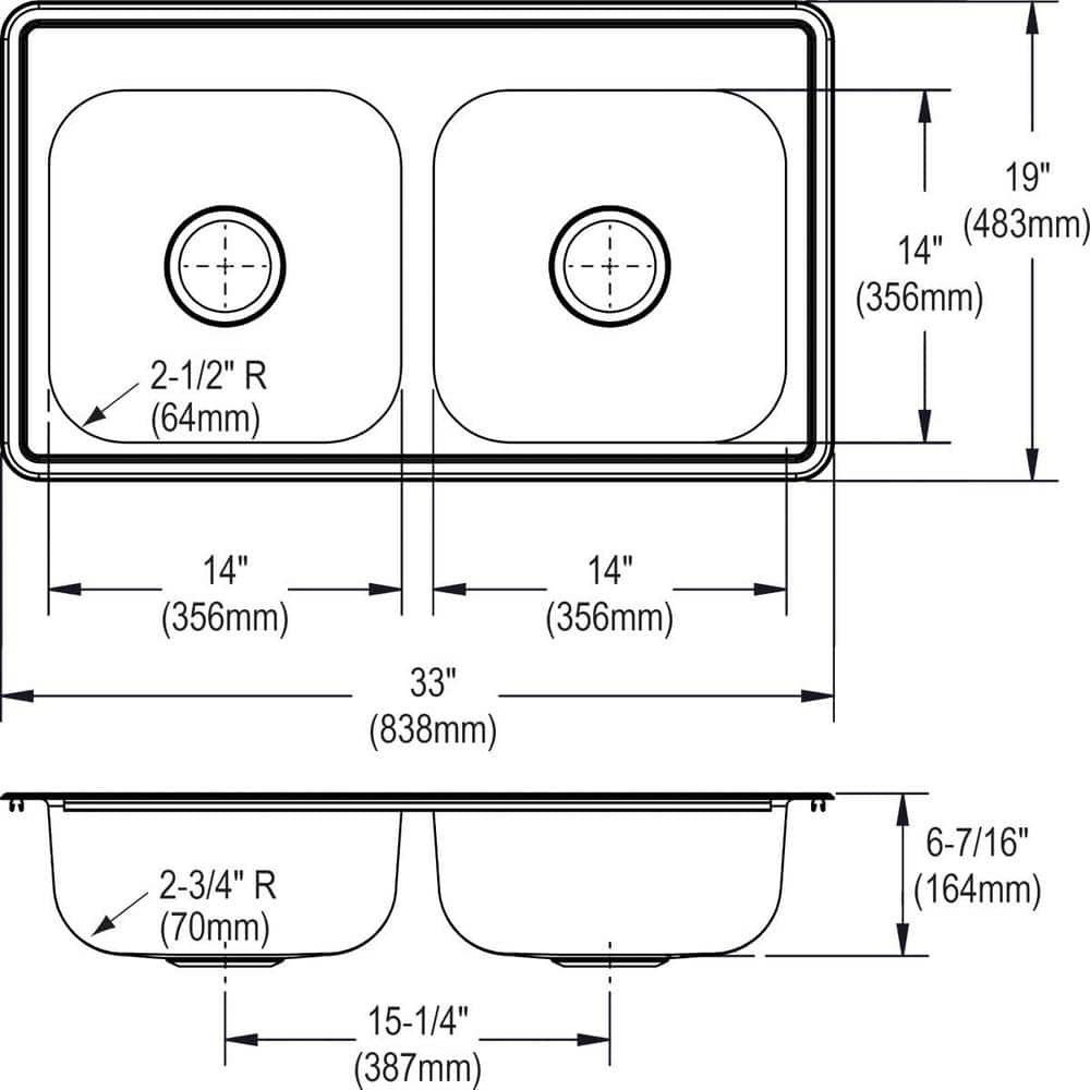 Dayton 33" Stainless Steel Double Bowl Drop-In Sink