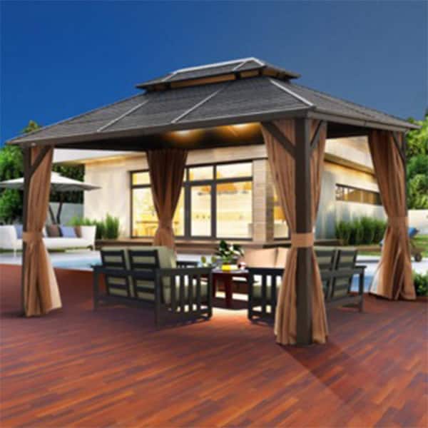 JimsMaison 10 ft. x 13 ft. Outdoor Brown Aluminium Hardtop Gazebos with Coated Aluminium Double Roof with Netting and Curtain