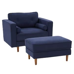 Mulberry Navy Blue Fabric Upholstered Modern Accent Chair and Ottoman Set