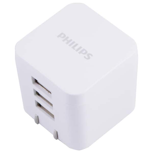 Forblive Ed jeg er træt Philips Triple USB Wall Charger Charging Block High Speed Charging Station,  White DLP2408/37 - The Home Depot
