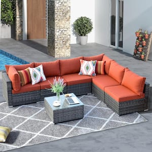 Messi Gray 7-Piece Wicker Outdoor Patio Conversation Sectional Sofa Set with Orange Red Cushions