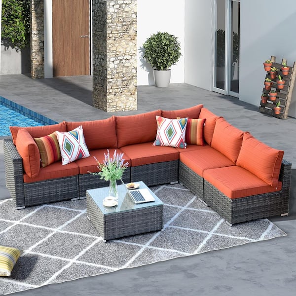 HOOOWOOO Messi Gray 7-Piece Wicker Outdoor Patio Conversation Sectional Sofa Set with Orange Red Cushions