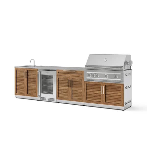 Outdoor Kitchen 5-Burners Natural Gas Grill Island in Stainless Steel Grove with 40 in. Platinum Grill, Sink and Fridge