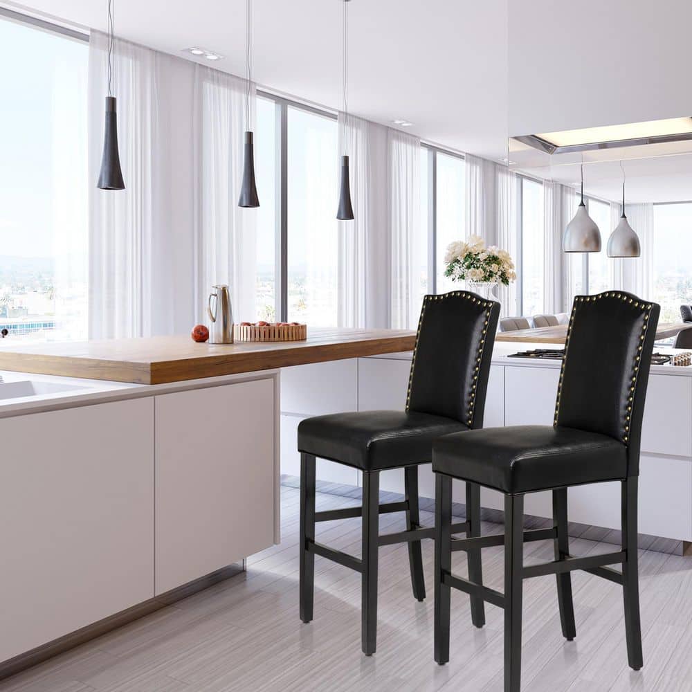 Black Leather Upholstered Bar Stools with Wood Legs, Set of 4