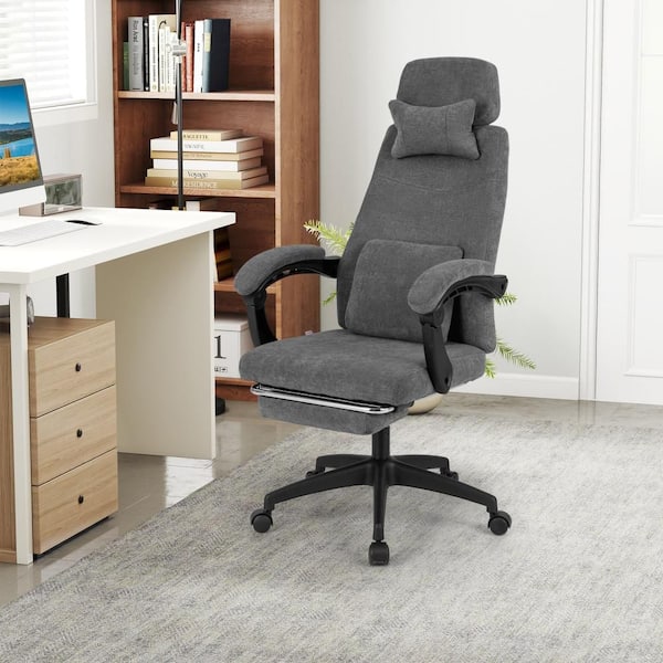 Gray Reclining Home Office Chair Retractable Footrest High-Back Fabric Ergonomic Executive Chair