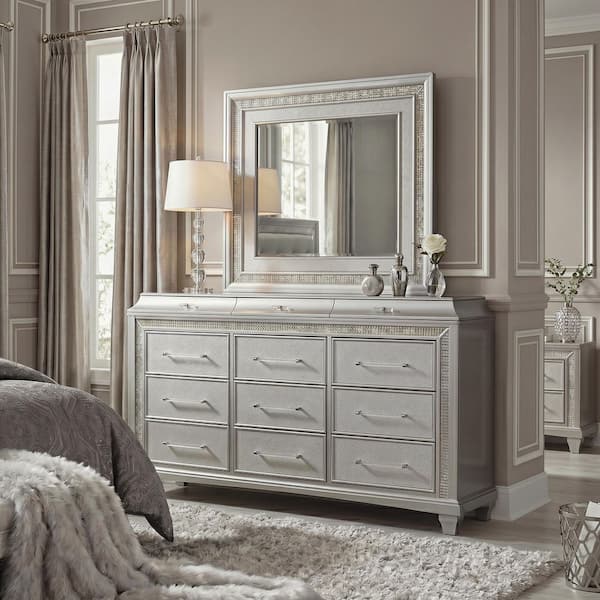 white silver dresser STRADA White Alligator Texture 67" Wide Dresser & Mirror