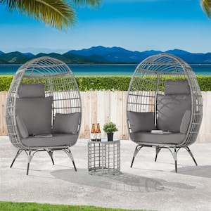 3-Piece Wicker Round Side Table Outdoor Bistro Set Wicker Egg Chair with Gray Cushion