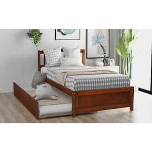 Walnut Twin Platform Bed Frame with Trundle, Twin Bed Frame with Headboard and Pull Out Trundle for Kids, Guest Room