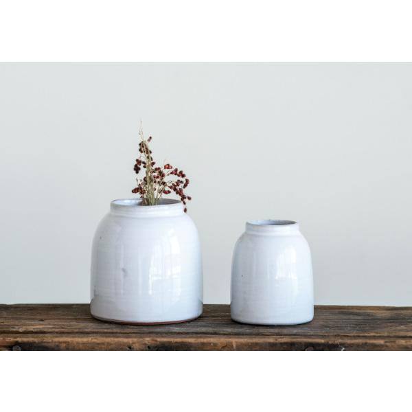White Ceramic Round Decorative Vases, Set of 2