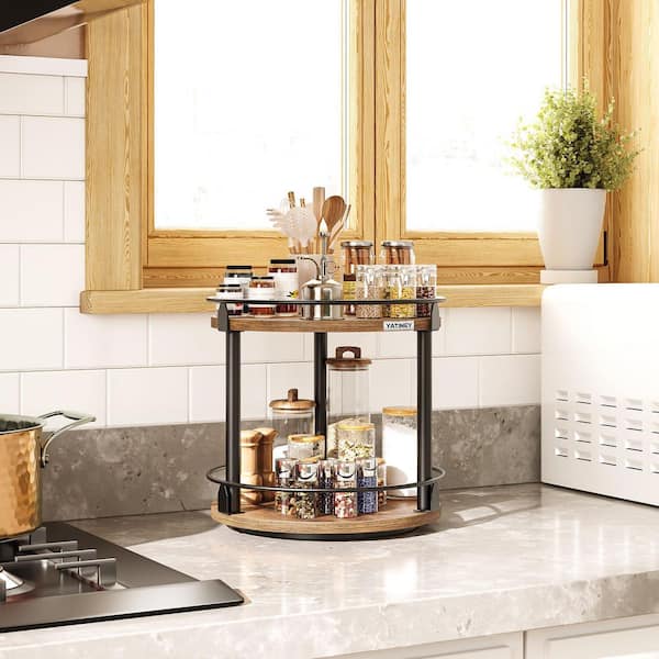 2-Tier Rustic Brown Rotating Spice Rack Organizer, Lazy Susan Turntable for Kitchen Countertop and Cabinet Storage