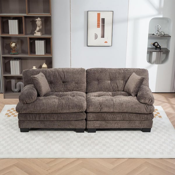 84 in. Dual-Layer Modular Chenille Rectangle Deep Seat Pillow Top Arm Sectional Sofa in Gray