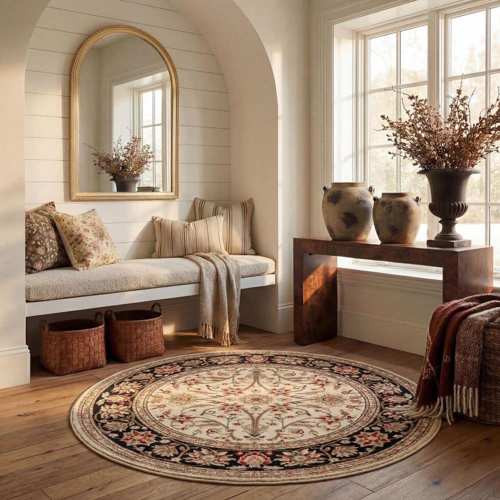 Lyndhurst 10 ft. x 10 ft. Round Ivory/Black Border Floral Antique Area Rug price history on PriceWatchPro