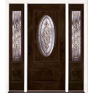 59.5 in.x81.625in.Silverdale Zinc 3/4 Oval Lt Stained Chestnut Mahogany Rt-Hd Fiberglass Prehung Front Door w/Sidelites