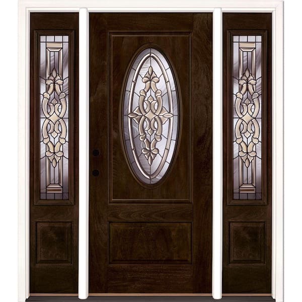 Feather River Doors 59.5 in.x81.625in.Silverdale Zinc 3/4 Oval Lt Stained Chestnut Mahogany Rt-Hd Fiberglass Prehung Front Door w/Sidelites