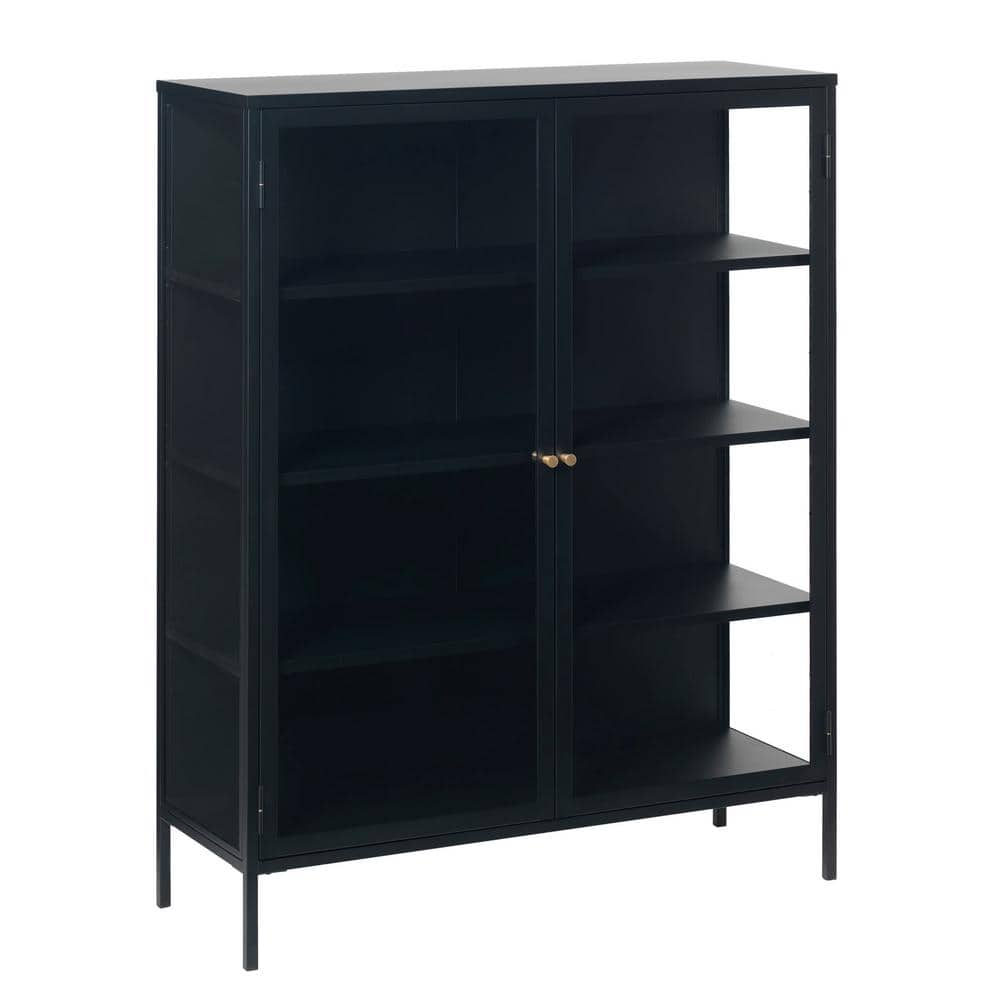 55" Black Metal and Glass China Cabinet with Brass Knobs