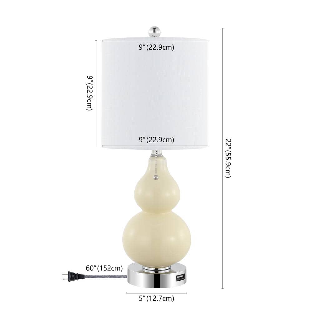 22" Cream Linen Drum Shade LED Table Lamp Set with USB Port