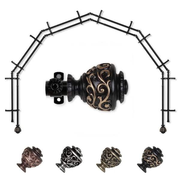 EMOH 13/16" Dia Adjustable 6-Sided Double Bay Window Curtain Rod 28 to 48" (each side) with Diana Finials in Black