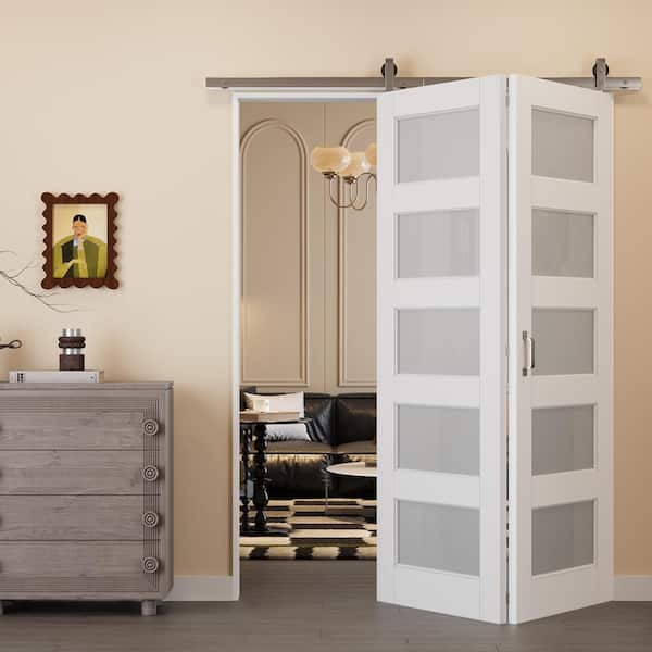 60 in. x 80 in. 5 Lite Tempered Frosted Glass White Primed Bifold Sliding Barn Door with Hardware Kit Nickel