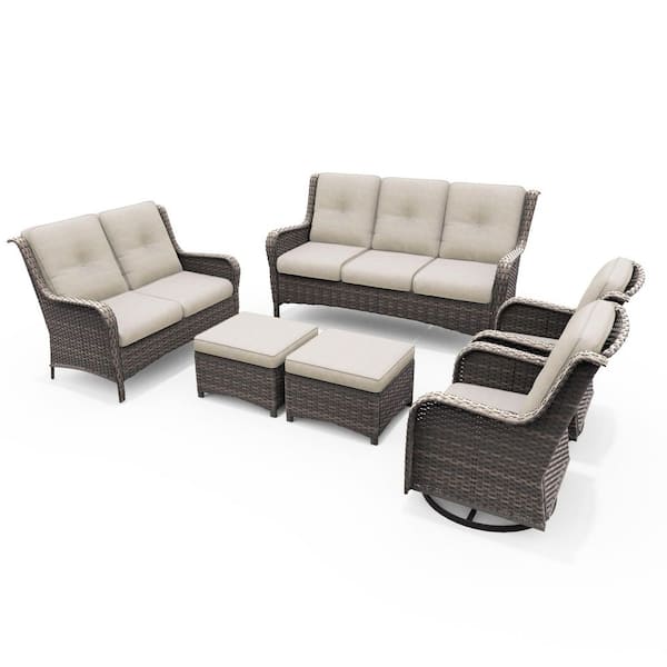 Patio Furniture Set 6-Piece Wicker Outdoor Patio Conversation Set with Beige Cushions