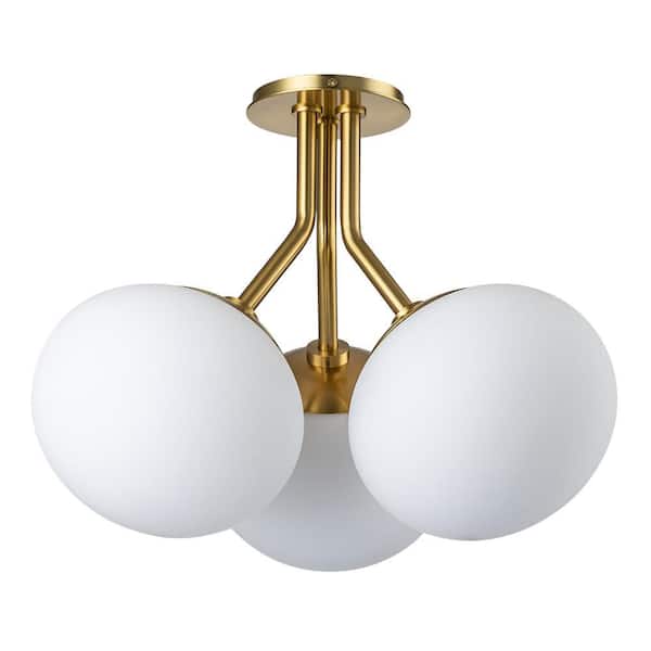 17.32 in. 3-Light Antique Gold Plating Mid Century Modern Globe Semi Flush Mount Ceiling Light Sputnik Chandelier