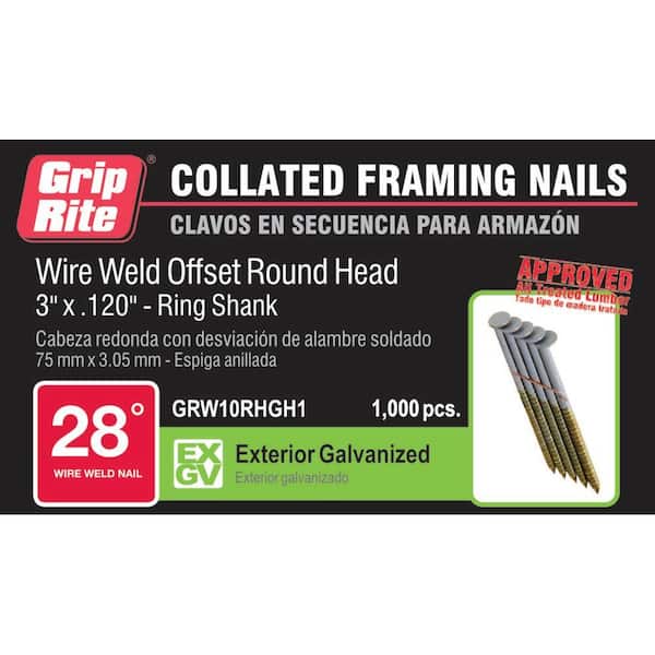 Grip-Rite 3 in. x 0.120 in. 28° Hot Galvanized Wire Ring Shank Nails (1000 Per Pack)