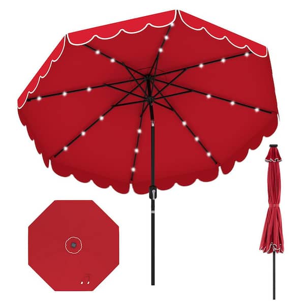 9 ft. Steel Market Solar Patio Umbrella with 24 LED Lights and Crank Tilt Adjustment in Red