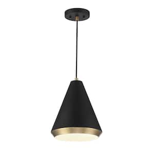 10 in. W x 12 in. H 1-Light Matte Black and Natural Brass Standard Pendant Light with Matte Black Metal Shade