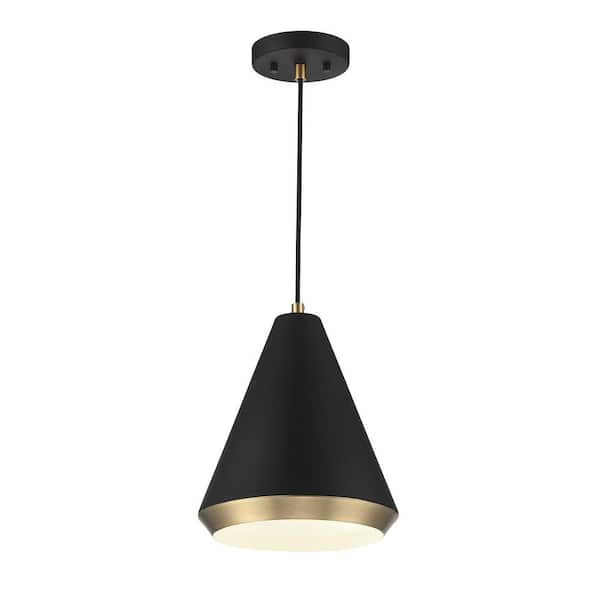 10 in. W x 12 in. H 1-Light Matte Black and Natural Brass Standard Pendant Light with Matte Black Metal Shade