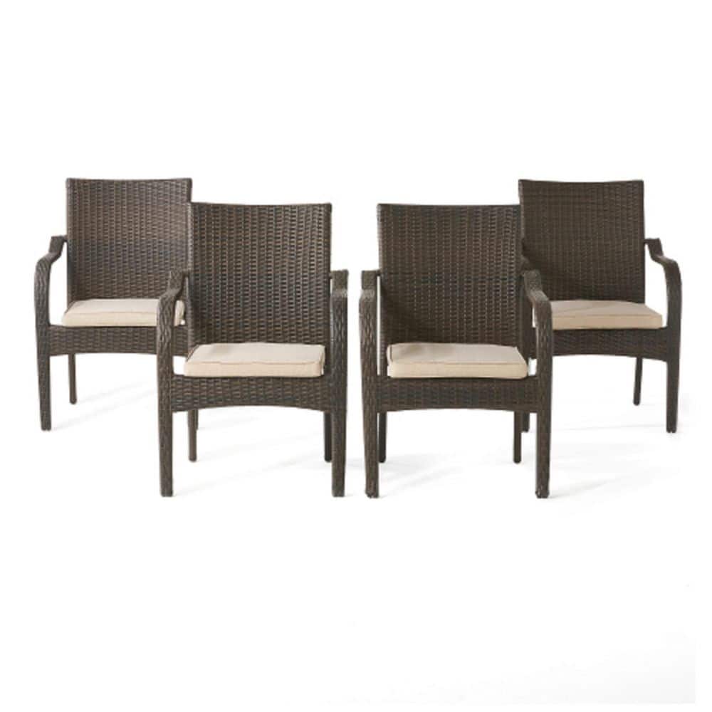 4-Piece Dark Brown Wicker Outdoor Dining Chairs with Brown Cushions for Pat
