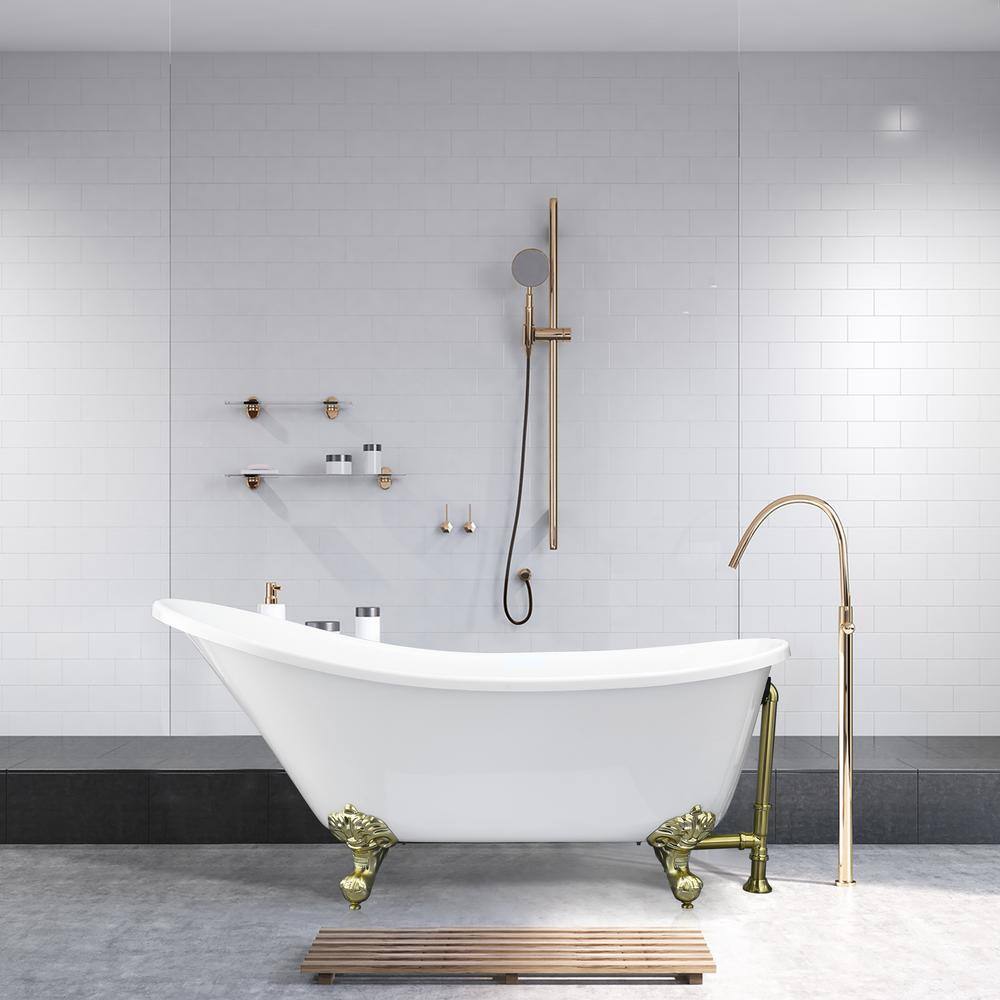 Fandi 64" White Acrylic Clawfoot Soaking Bathtub with Brass Feet